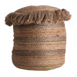 Puff Tassarolo de estilo vintage, fabricado en yute en color marrón, combinado con algodón.