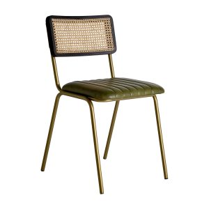 Silla Almstock de estilo vintage, fabricado en cuero en color verde, combinado con hierro en color oro y ratán.