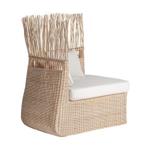 Módulo sofá esquinero Roche de estilo étnico, fabricado en ratán en color marrón, combinado con algodón en color blanco con acabado liso.