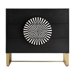 Cómoda gatsby de estilo art deco, fabricado en madera dm en color negro, combinado con hueso en color blanco y hierro en color oro.