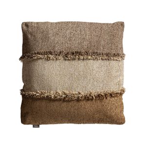 Cojín essien de estilo clásico, fabricado en algodón en color tonos en marrón, combinado con terciopelo en color beige y guata sintética. Producto desenfundable.