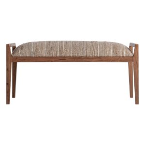 Banco Nitesh de estilo contemporáneo, fabricado en madera de mango en color marrón, combinado con algodón en color beige y yute en color beige.