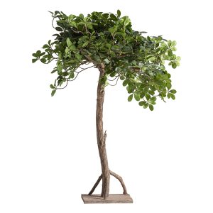 Planta Ficus de estilo clásico, fabricado en madera en color marrón, combinado con plástico en color marrón y fibra natural en color verde. Producto desmontable.