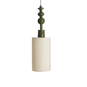 Lámpara de colgar Isotta de estilo contemporáneo, fabricado en hierro en color verde con acabado brillo, combinado con algodón en color beige. Producto desmontable.