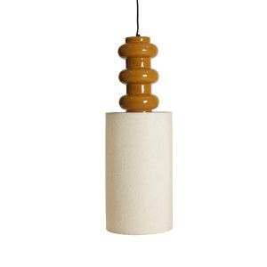 Lámpara de colgar Fiamma de estilo contemporáneo, fabricado en hierro en color ambar con acabado brillo, combinado con algodón en color beige. Producto desmontable.