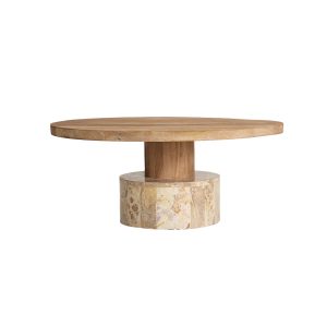 Mesa de centro Vayres de estilo contemporáneo, fabricado en mármol en color beige, combinado con madera de mango en color marrón.