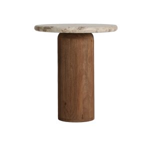 Mesa auxiliar Abzac de estilo contemporáneo, fabricado en madera de mango en color marrón, combinado con mármol en color beige. Producto desmontable.