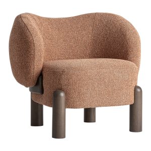 Sillón Janvi de estilo contemporáneo, fabricado en madera de fresno en color marrón, combinado con poliéster en color terracota y espuma.