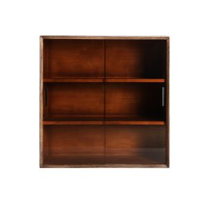 Vitrina modular Indro de estilo colonial, fabricado en madera de caucho en color marrón, combinado con cristal en color ambar con acabado templado y madera dm. Producto desmontable.
