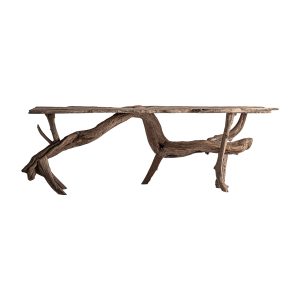 Consola Pakhale de estilo étnico, fabricado en madera de teka en color marrón claro con acabado envejecido.