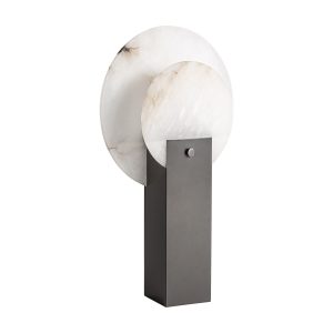 Lámpara de sobremesa Eclipse de estilo art deco, fabricado en hierro en color negro, combinado con piedra en color blanco. Producto desmontable.