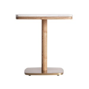 Mesa bar Alferce de estilo art deco, fabricado en terrazo en color blanco, combinado con madera roble en color beige y acero en color oro.