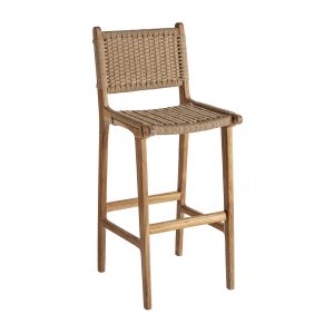 Taburete vaduz de estilo colonial, fabricado en madera de teka en color marrón, combinado con fibra natural.