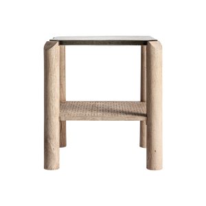 Mesa auxiliar jacquard, de estilo contemporáneo. Fabricado en madera de mango, en color marrón claro, combinado con vidrio, en color tonos en marrón.