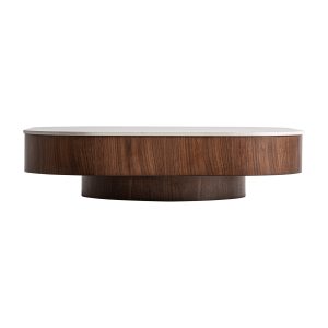 Mesa de centro Neufs de estilo art deco, fabricado en mármol sintético en color negro, combinado con madera contrachapada en color marrón.