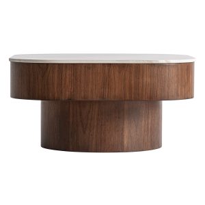 Mesa de centro Neufs de estilo art deco, fabricado en mármol sintético en color negro, combinado con madera contrachapada en color marrón.