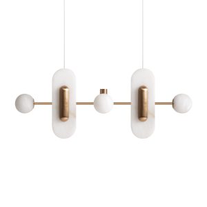 Lámpara de colgar Thorin de estilo contemporáneo, fabricado en alabastro en color blanco roto, combinado con hierro en color oro. Producto desmontable.