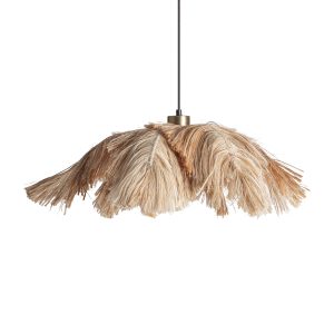 Lámpara de colgar Halena de estilo boho, fabricado en fibra natural en color beige, combinado con hierro en color negro y acero en color dorado. Producto desmontable.