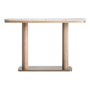 Mesa bar Alferce de estilo art deco, fabricado en terrazo en color blanco, combinado con acero inoxidable en color oro y madera roble en color marrón claro. Producto desmontable.