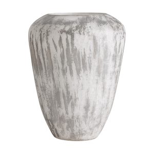 Jarrón Loky de estilo contemporáneo, fabricado en vidrio en color blanco en color gris.
