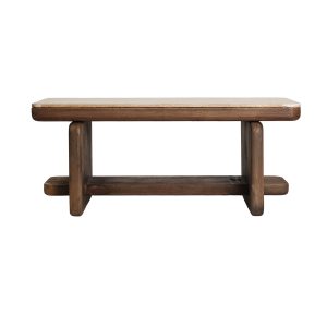 Mesa de centro Veyrac de estilo contemporáneo, fabricado en madera de mango en color marrón, combinado con travertino en color beige.