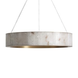 Lámpara de colgar Sora de estilo contemporáneo, fabricado en acero inoxidable en color dorado, combinado con hierro en color dorado y alabastro en color crema.