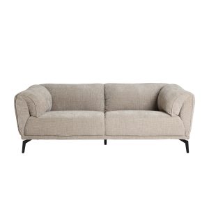 Sofá Argnou de estilo contemporáneo, fabricado en poliéster en color arena, combinado con madera eucalipto en color negro y espuma. Producto desmontable.