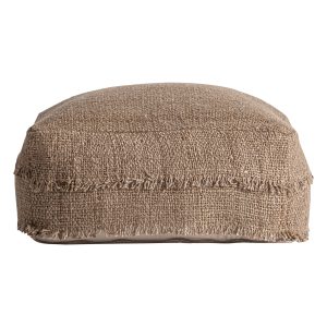 Puff Liam de estilo boho, fabricado en algodón en color beige, combinado con lino en color marrón y guata sintética. Producto desenfundable.
