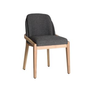 Silla, fabricado en madera roble en color marrón, combinado con poliéster en color gris y espuma.