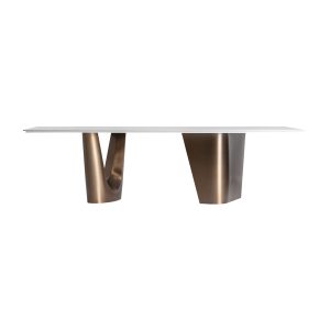 Mesa comedor Ledat de estilo contemporáneo, fabricado en piedra sinterizada en color blanco roto, combinado con acero inoxidable en color cobre. Producto desmontable.