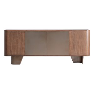 Aparador Bournel de estilo contemporáneo, fabricado en madera contrachapada en color marrón, combinado con chapa de olmo en color marrón y acero inoxidable en color bronce. Producto desmontable.