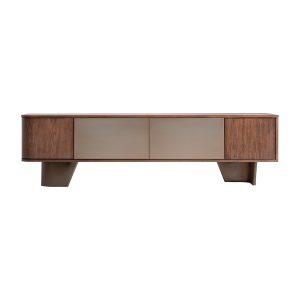 Mueble tv Bournel de estilo contemporáneo, fabricado en madera contrachapada en color marrón, combinado con chapa de olmo en color marrón y acero inoxidable en color bronce.