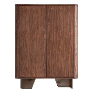 Armario Bournel de estilo contemporáneo, fabricado en madera contrachapada en color marrón, combinado con chapa de olmo en color marrón y acero inoxidable en color bronce. Producto desmontable.
