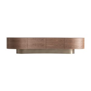 Mueble tv Noirmont de estilo art deco, fabricado en travertino en color beige, combinado con madera dm en color marrón y hierro en color oro.
