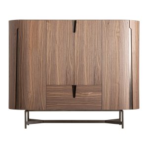 Armario Belfais de estilo art deco, fabricado en cerámica en color beige, combinado con chapa de nogal en color marrón y acero inoxidable en color cobre. Producto desmontable.