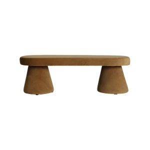 Banco Fleix de estilo contemporáneo, fabricado en poliéster en color beige, combinado con madera contrachapada y espuma.