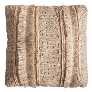 Cojín Saanvi de estilo boho, fabricado en yute en color beige, combinado con guata sintética.