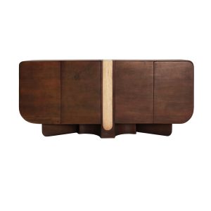 Aparador Braine de estilo contemporáneo, fabricado en madera de mango en color marrón, combinado con travertino en color beige.