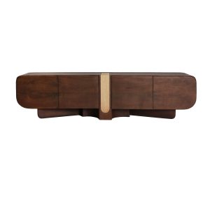 Mueble tv Braine de estilo contemporáneo, fabricado en madera de mango en color marrón, combinado con travertino en color beige.
