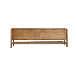 Mueble tv Crouy de estilo nórdico, fabricado en madera de mango en color marrón claro.