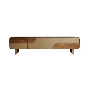 Mueble tv Izagre de estilo contemporáneo, fabricado en madera dm en color topo, combinado con madera de mango en color marrón claro y hierro en color topo. Producto desmontable.