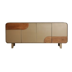 Aparador Izagre de estilo contemporáneo, fabricado en madera dm en color topo, combinado con madera de mango en color marrón claro y hierro en color topo. Producto desmontable.