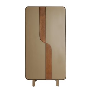 Armario Izagre de estilo contemporáneo, fabricado en madera dm en color topo, combinado con madera de mango en color marrón claro y hierro en color topo. Producto desmontable.