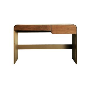Consola Izagre de estilo contemporáneo, fabricado en madera dm en color topo, combinado con madera de mango en color marrón claro y hierro en color topo.