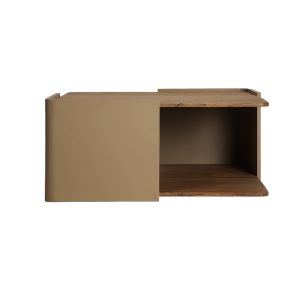 Mesa de centro Izagre de estilo contemporáneo, fabricado en madera dm en color topo, combinado con madera de mango en color marrón claro y hierro en color topo.