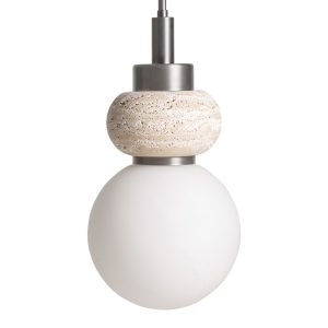Lámpara de colgar Meyrin de estilo contemporáneo, fabricado en mármol en color beige, combinado con latón en color plata con acabado mate y vidrio en color blanco. Producto desmontable.