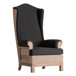 Sillón Arbaz de estilo clásico, fabricado en madera mindi en color marrón, combinado con lino en color negro. Producto desmontable, desenfundable.