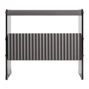 Mesita de noche Meylan de estilo contemporáneo, fabricado en madera dm en color gris, combinado con vidrio en color gris.