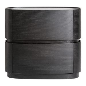 Mesita de noche Isola de estilo contemporáneo, fabricado en madera contrachapada en color negro, combinado con chapa de roble en color negro y cerámica en color blanco.