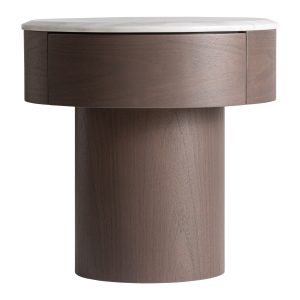 Mesita de noche Stuetta de estilo contemporáneo, fabricado en madera dm en color wengué, combinado con mármol en color blanco roto.